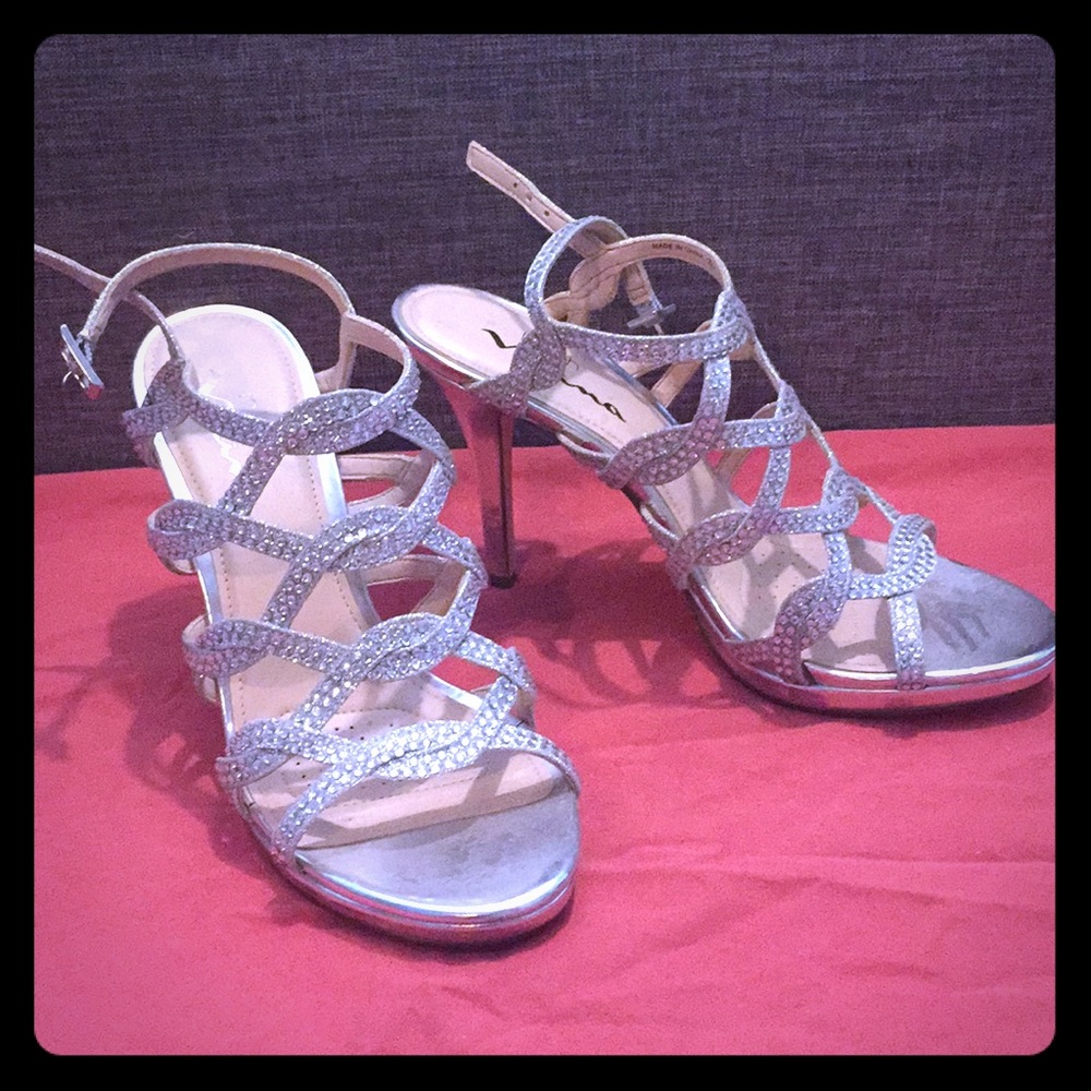 Silver Sequin Open Toe Heels